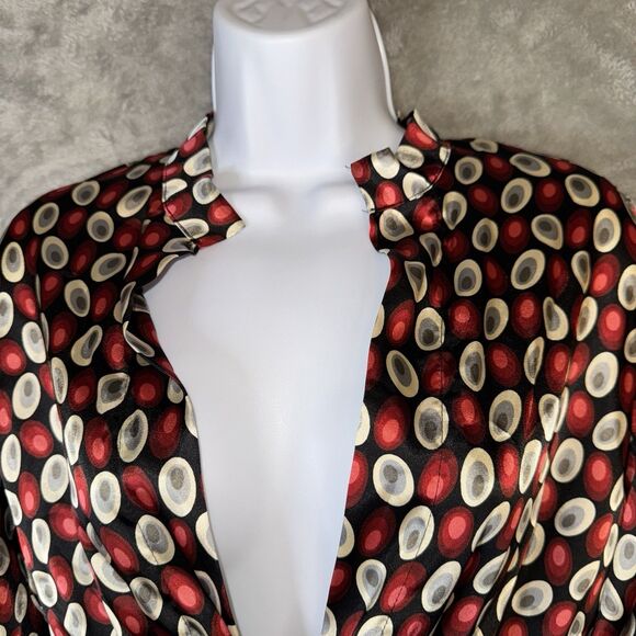 Wet Seal Retro Satin Blouse M Red Black Circle Print Smocked Waist Tie Top Y2K - Picture 3 of 9